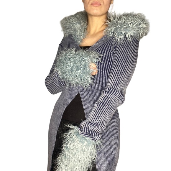 VINTAGE Blue ribbed Penny Lane Fuzzy Y2K Coat Medium - Picture 1 of 10